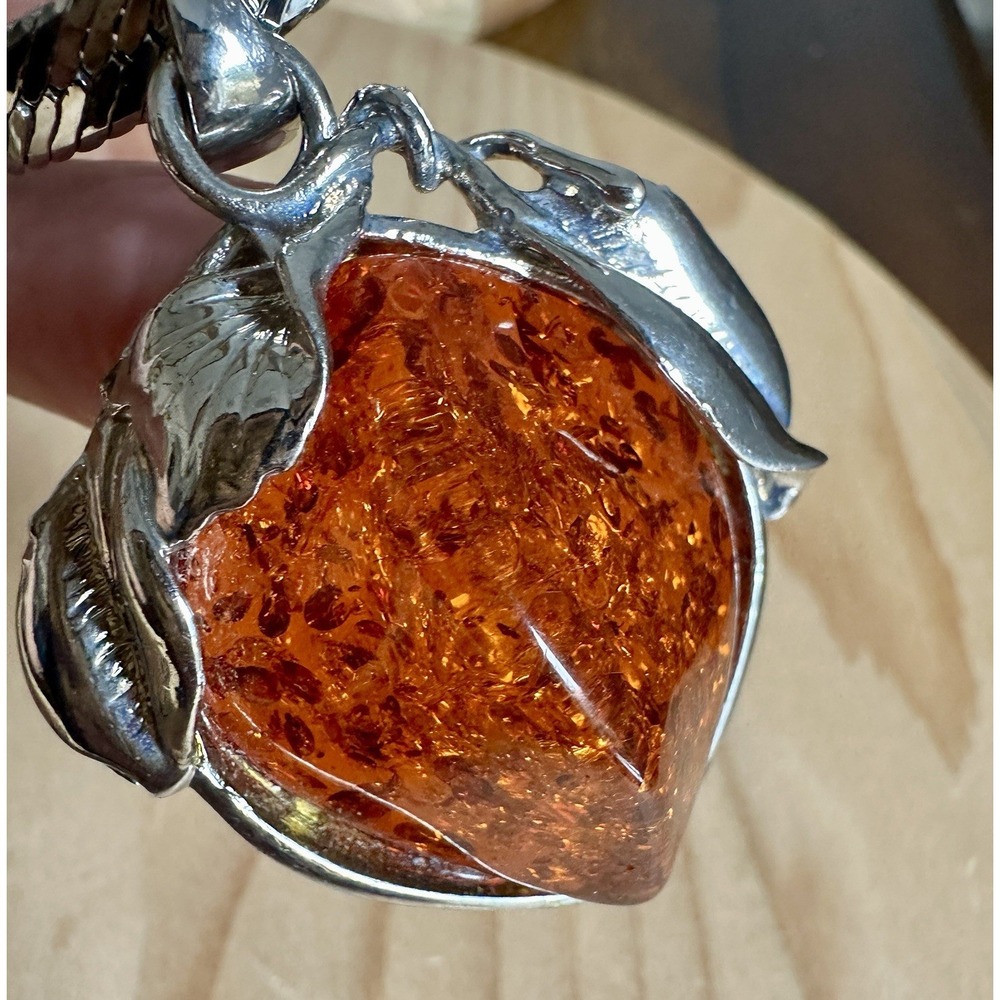 Vintage Peach Pendant Necklace 23 Inch Baltic Amber Herringbone Chain Plated